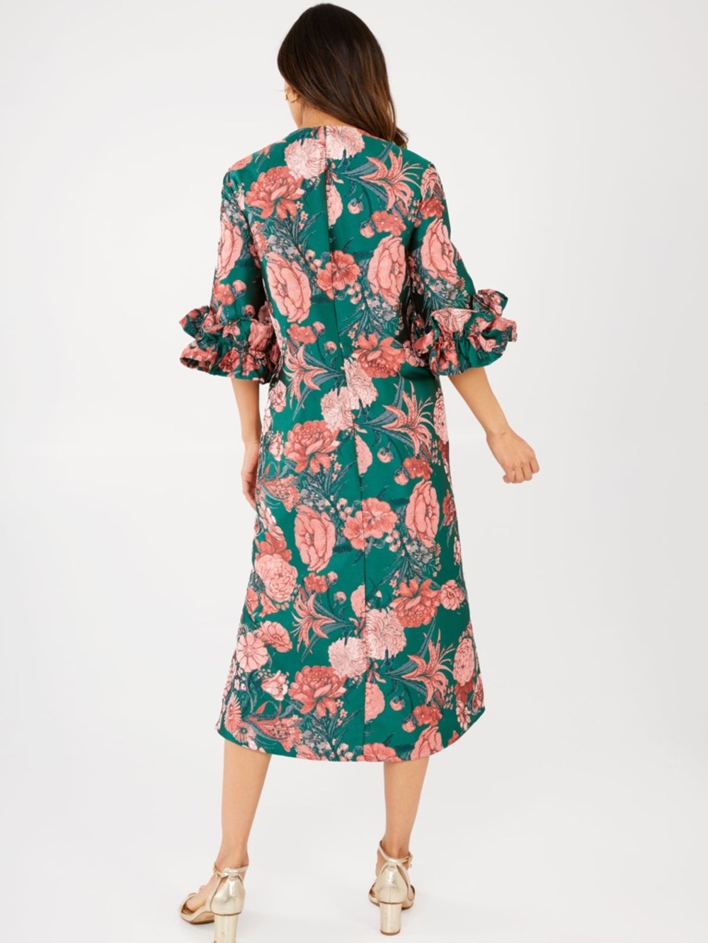 Teal Floral Midi Dress with Pink Bloom Print - Picture 4 of 7